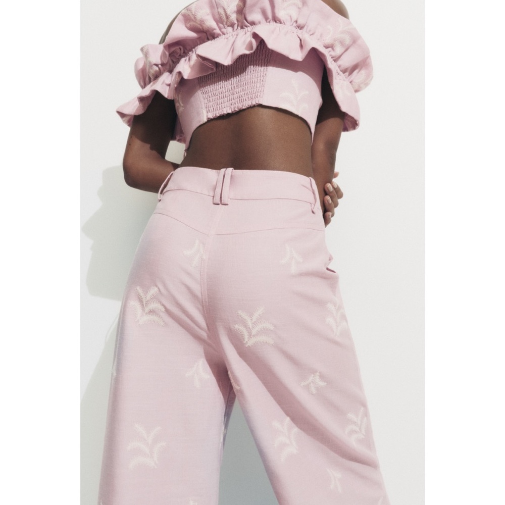 ZARA EMBROIDERED LINEN BLEND PANTS - Picture 6 of 11